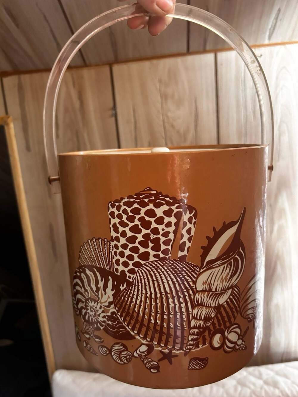 Vintage Mid-Century Modern Seashell Print Ice Bucket with Clear Handle